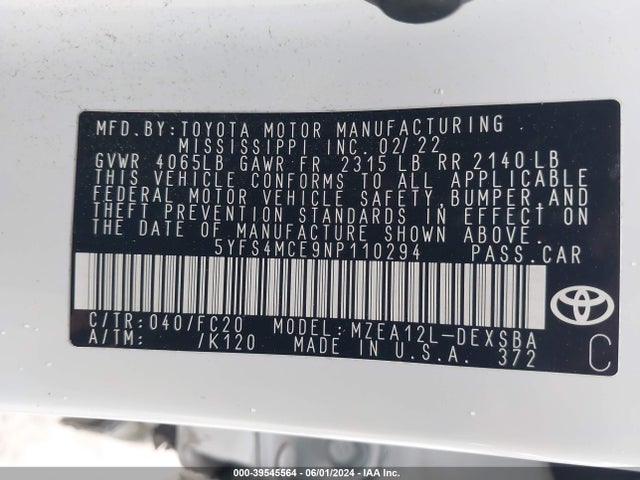 Toyota COROLLA SE 2022 5YFS4MCE9NP110294 Image 9