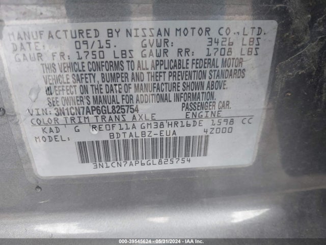 Nissan Versa 1.6 Sv 2016 3N1CN7AP6GL825754 Image 9