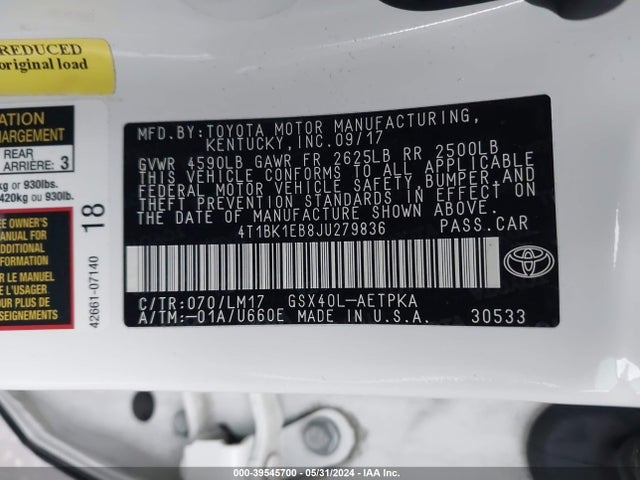 Toyota AVALON LIMITED 2018 4T1BK1EB8JU279836 Image 9