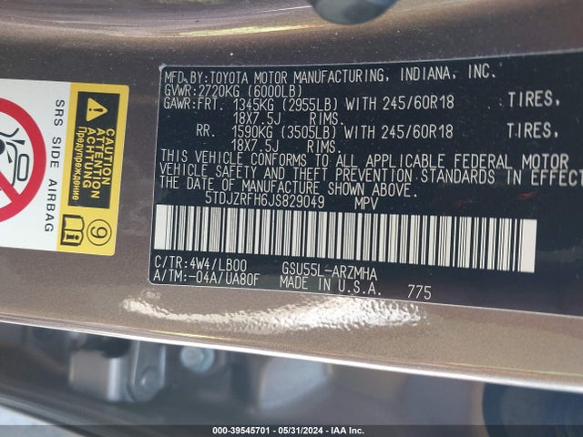 Toyota Highlander Xle 2018 5TDJZRFH6JS829049 Image 9