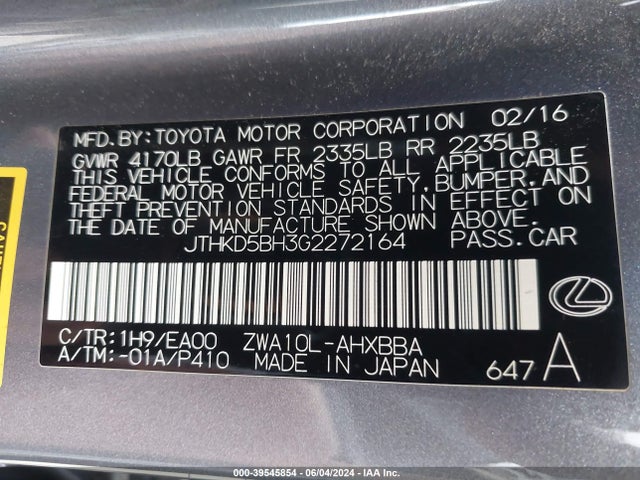 JTHKD5BH3G2272164 Lexus CT 200H