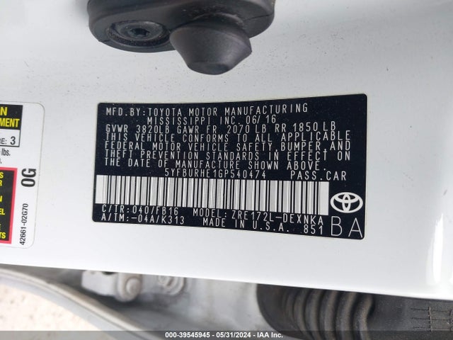 Toyota COROLLA LE 2016 5YFBURHE1GP540474 Image 9