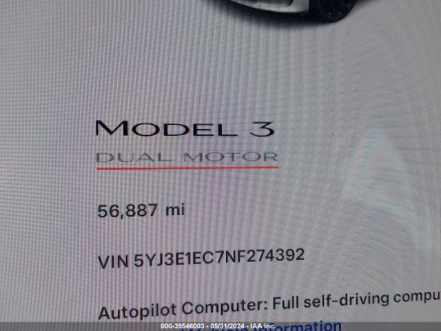 5YJ3E1EC7NF274392 Tesla Model 3 Performance Dual Motor All-wheel Drive