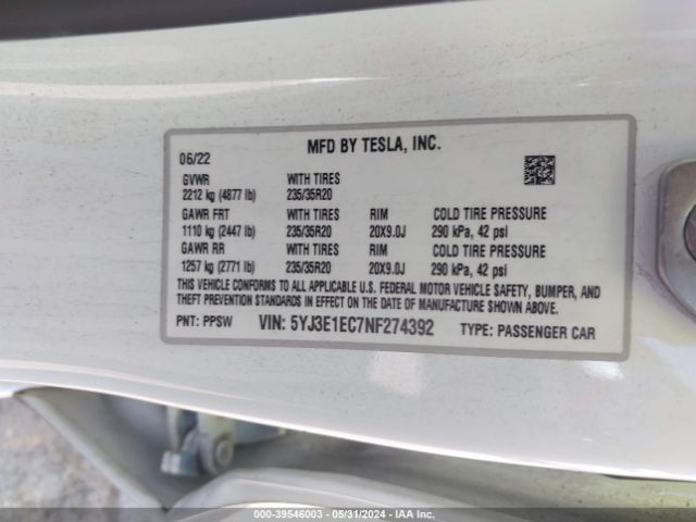 5YJ3E1EC7NF274392 Tesla Model 3 Performance Dual Motor All-wheel Drive