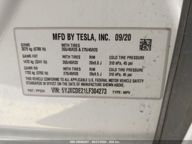 5YJXCDE21LF304273 Tesla Model X Long Range Dual Motor All-wheel Drive/long Range Plus Dual Motor All-wheel Drive