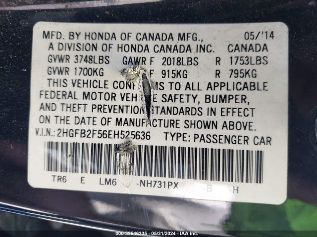 39546335 :رقم المزاد ، 2HGFB2F56EH525636 vin ، 2014 Honda Civic Lx مزاد بيع
