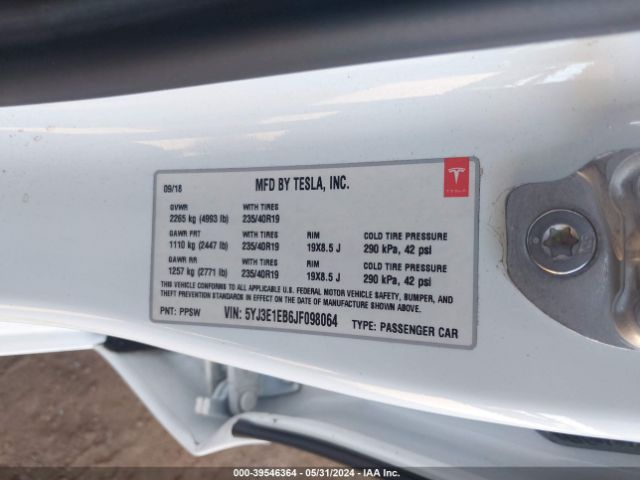 5YJ3E1EB6JF098064 Tesla Model 3 Long Range/performance