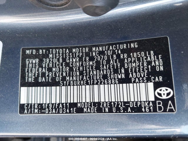Toyota COROLLA L 2015 5YFBURHE1FP226886 Image 9