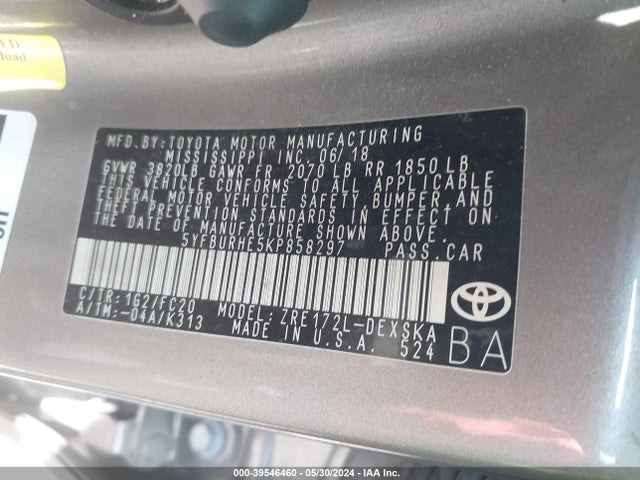 Toyota COROLLA SE 2019 5YFBURHE5KP858297 Image 9