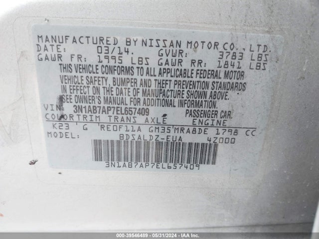 Nissan SENTRA SV 2014 3N1AB7AP7EL657409 Image 9