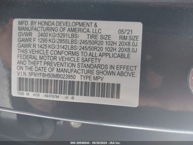 5FNYF8H50MB023950 Honda Passport Awd Ex-l