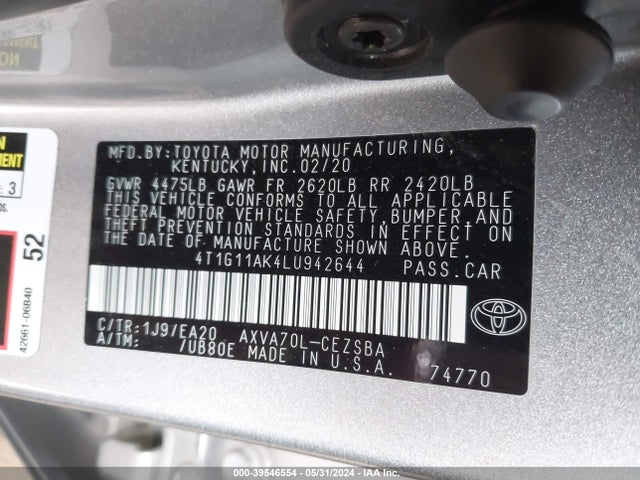 Toyota CAMRY SE 2020 4T1G11AK4LU942644 Image 9