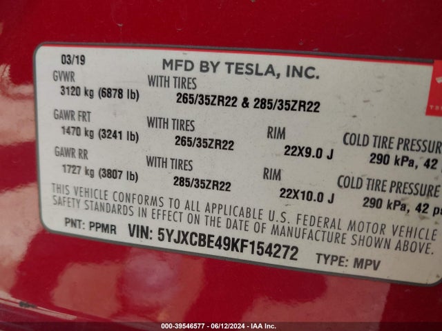 Tesla Model X P100d/performance 2019 5YJXCBE49KF154272 Image 9