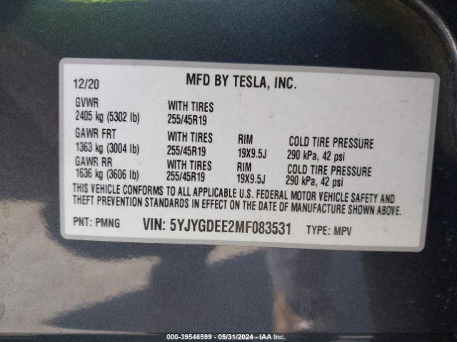 5YJYGDEE2MF083531 Tesla Model Y Long Range Dual Motor All-wheel Drive