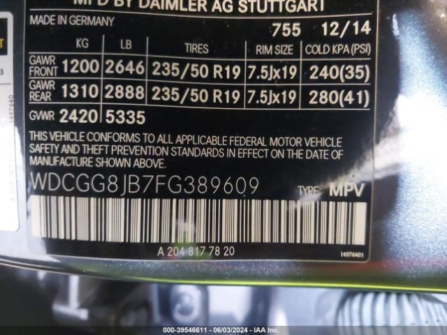 WDCGG8JB7FG389609 Mercedes-Benz Glk 350 4matic