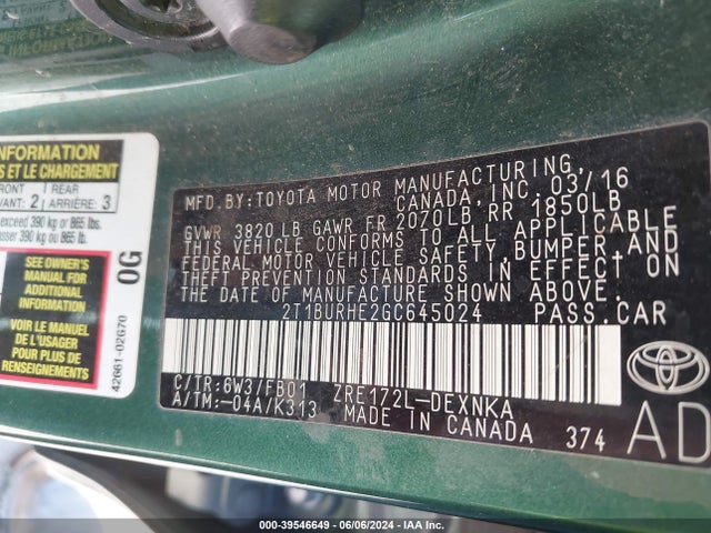 Toyota COROLLA LE 2016 2T1BURHE2GC645024 Image 9