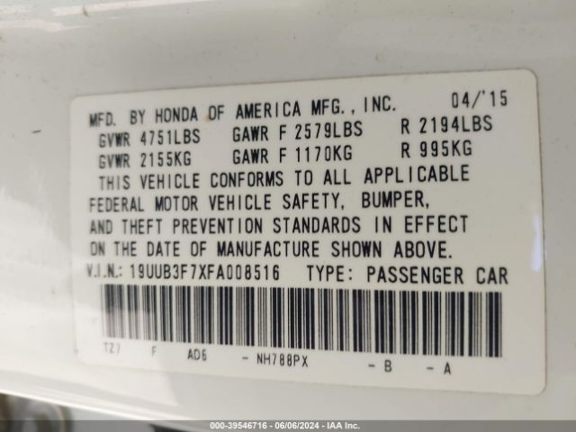 19UUB3F7XFA008516 Acura Tlx V6 Advance