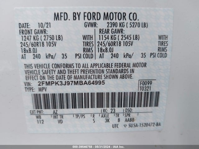 Ford EDGE SEL 2021 2FMPK3J97MBA64995 Image 9