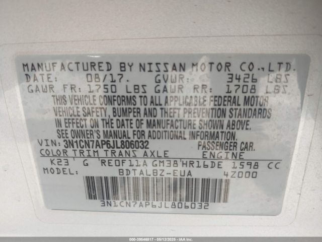 3N1CN7AP6JL806032 Nissan Versa 1.6 Sv