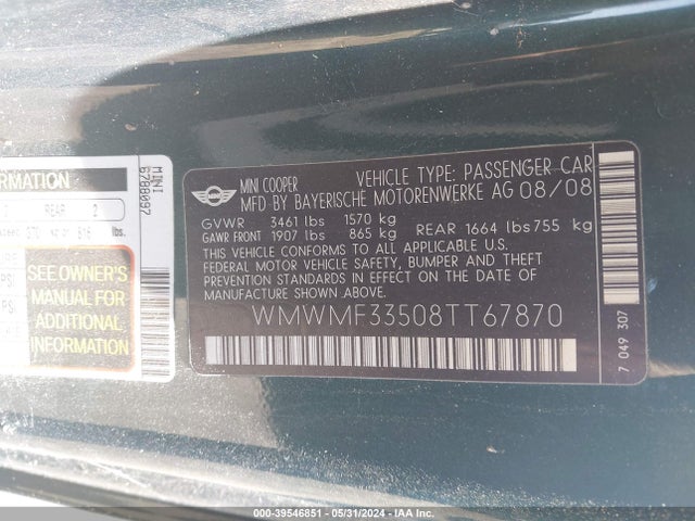 2008 MINI COOPER WMWMF33508TT67870 Photo 8