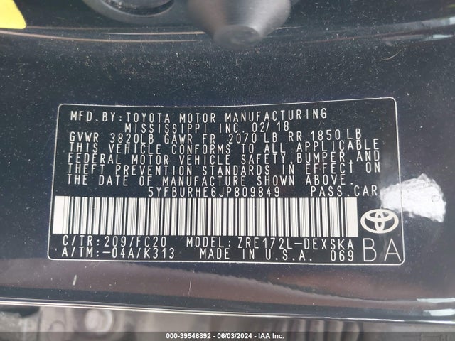 Toyota COROLLA SE 2018 5YFBURHE6JP809849 Image 9