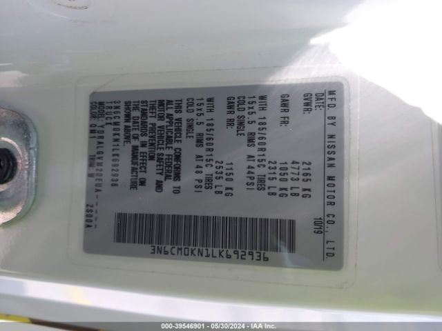 3N6CM0KN1LK692936 Nissan Nv200 Compact Cargo Sv Xtronic Cvt