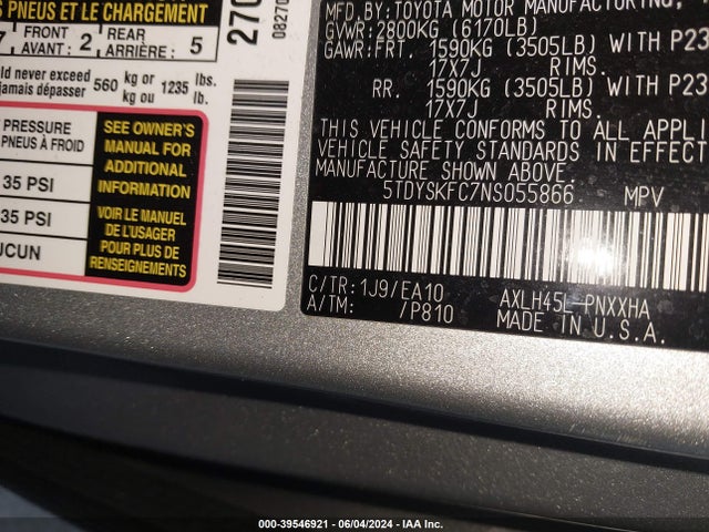 Toyota SIENNA XLE 2022 5TDYSKFC7NS055866 Image 9