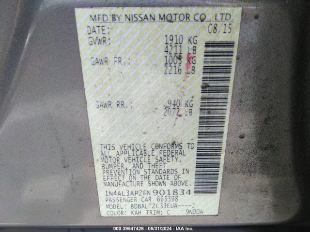Nissan Altima 2.5 Sl 2015 1N4AL3AP2FN901834 Image 9