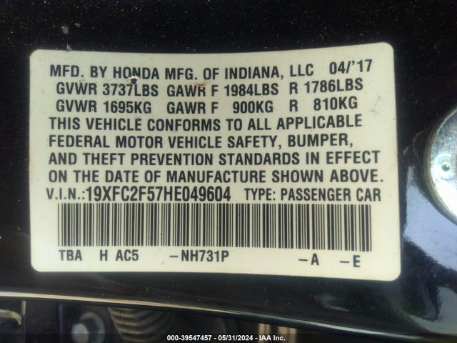 Honda Civic Lx 2017 19XFC2F57HE049604 Image 9