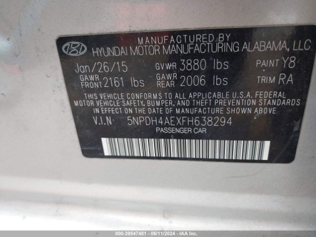 5NPDH4AEXFH638294 Hyundai ELANTRA SE
