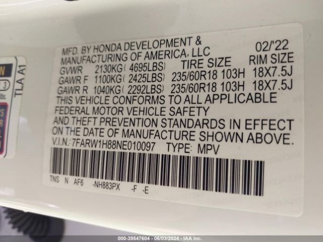 7FARW1H88NE010097 Honda Cr-v 2wd Ex-l