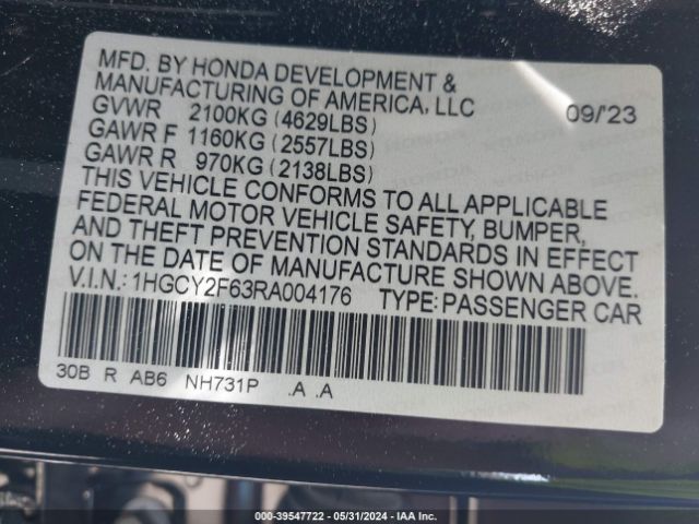 1HGCY2F63RA004176 Honda Accord Hybrid Ex-l