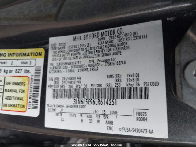 3LN6L5E96LR614251 Lincoln Mkz Reserve