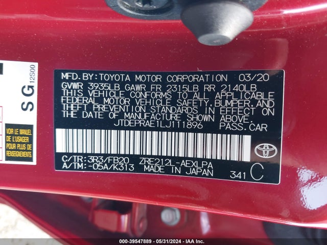 Toyota COROLLA LE 2020 JTDEPRAE1LJ111896 Image 9