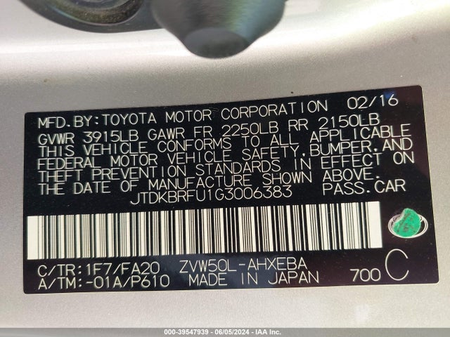 Toyota Prius Two 2016 JTDKBRFU1G3006383 Image 9