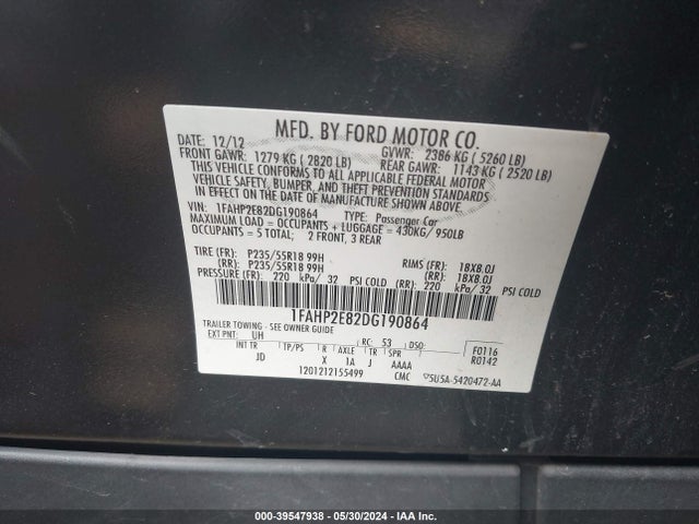 39547938 :رقم المزاد ، 1FAHP2E82DG190864 vin ، 2013 Ford Taurus Sel مزاد بيع