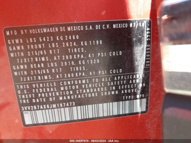 3VV2B7AX6JM197473 Volkswagen Tiguan 2.0t Se/2.0t Sel