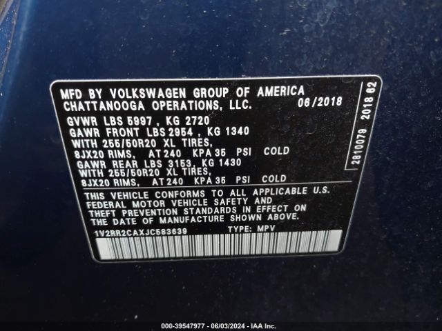 1V2RR2CAXJC583639 Volkswagen Atlas 3.6l V6 Sel