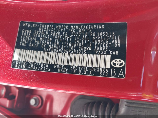 Toyota COROLLA LE 2016 5YFBURHE9GP391215 Image 9