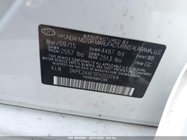 Hyundai SONATA SE 2015 5NPE24AF5FH203164 Image 9