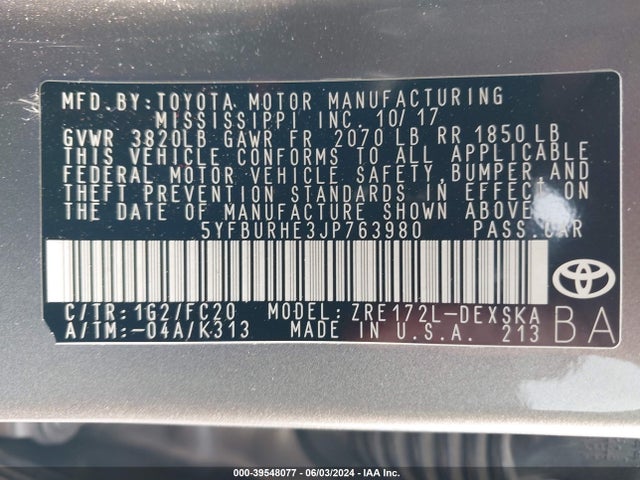 Toyota COROLLA SE 2018 5YFBURHE3JP763980 Image 9