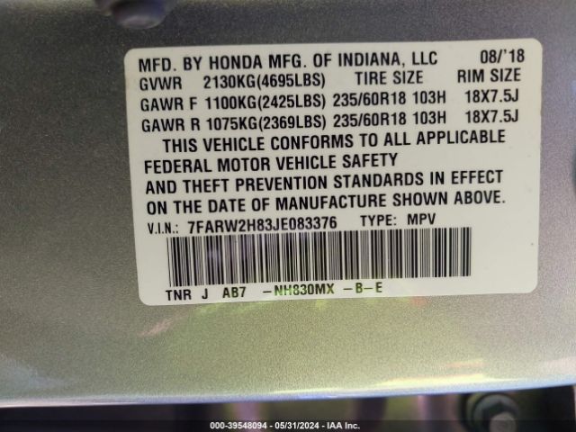 7FARW2H83JE083376 Honda Cr-v Ex-l/ex-l Navi