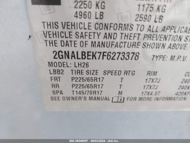 Chevrolet EQUINOX 1LT 2015 2GNALBEK7F6273378 Image 9