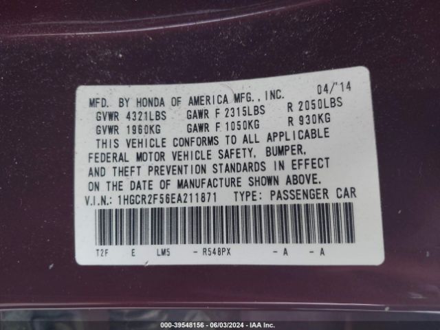 1HGCR2F56EA211871 Honda Accord Sport
