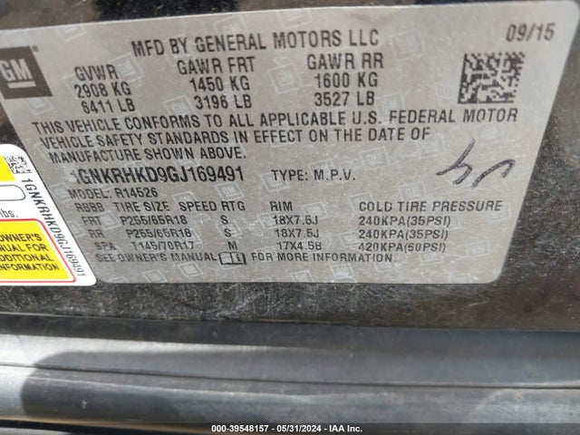 Chevrolet Traverse 2lt 2016 1GNKRHKD9GJ169491 Image 9