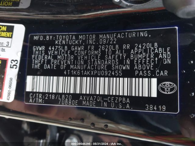 4T1K61AKXPU092455 Toyota CAMRY XSE
