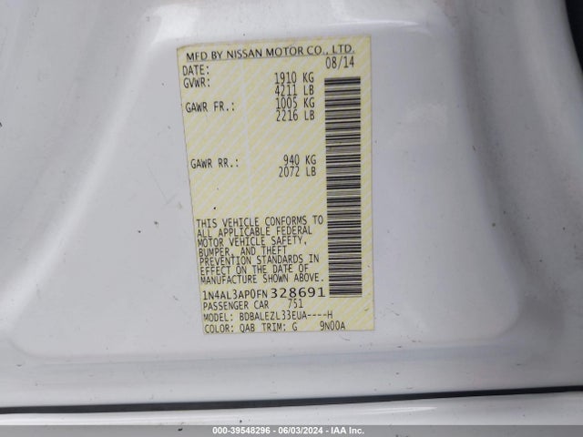 Nissan Altima 2.5 S 2015 1N4AL3AP0FN328691 Image 9