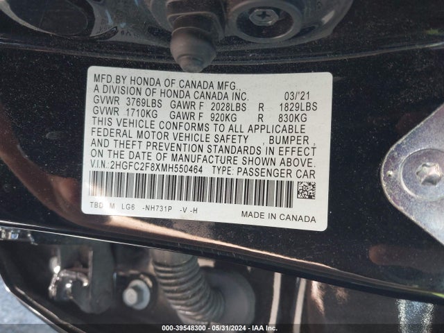 Aukcja sprzedaży 2021 Honda Civic Sport, vin: 2HGFC2F8XMH550464, numer aukcji: 39548300