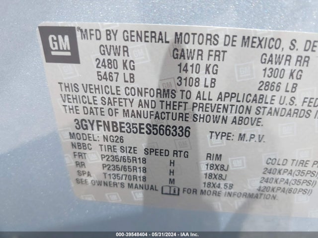 3GYFNBE35ES566336 Cadillac Srx Luxury Collection