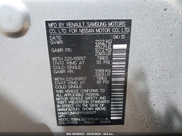 Nissan ROGUE SV 2015 KNMAT2MV0FP558007 Image 9